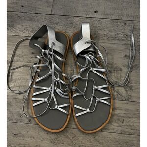 Vince Women's 10 Palmera Silver Gladiator Flat Sandals Lace Ankle